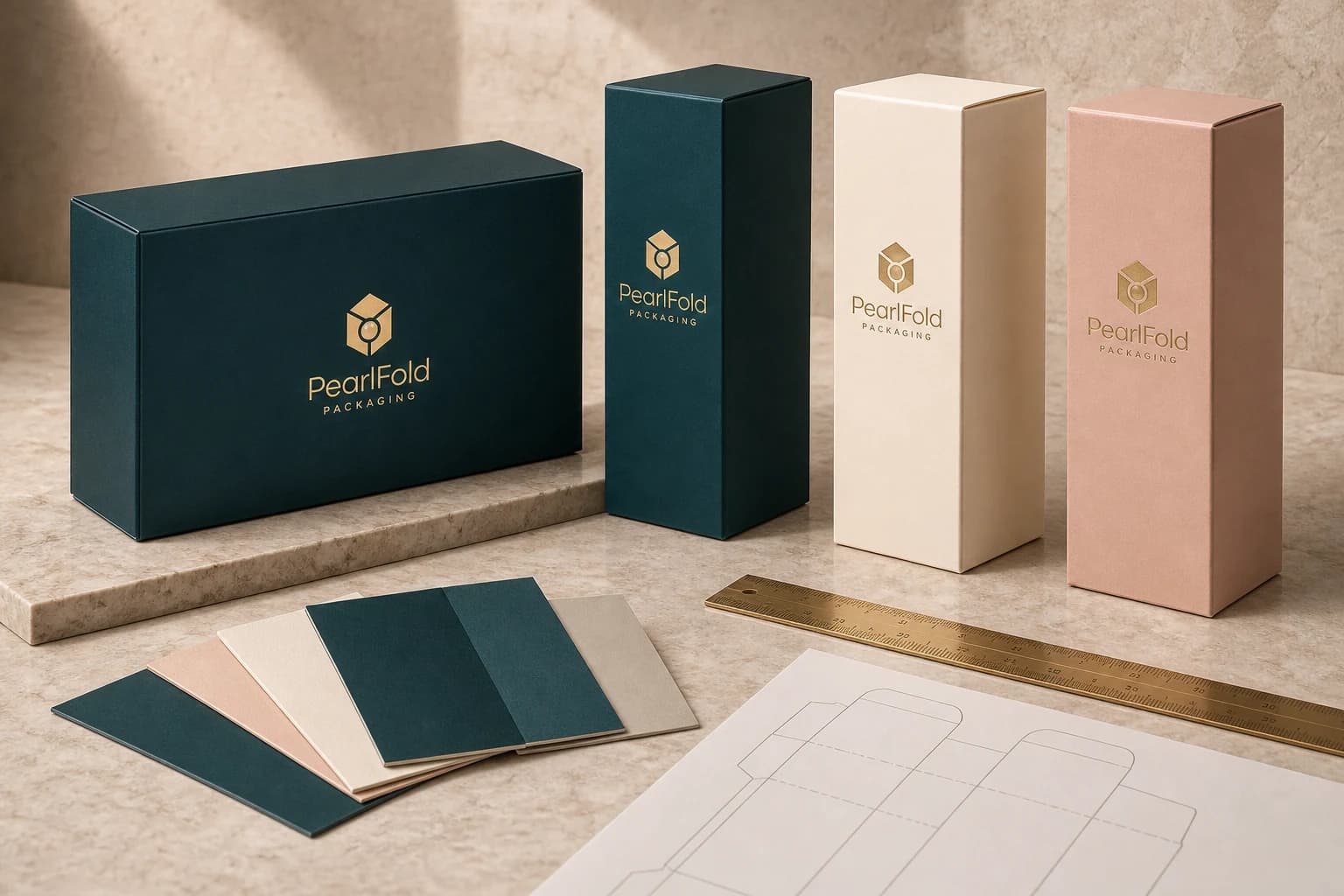 PearlFold packaging cartons, paperboard swatches, a ruler, and a carton dieline