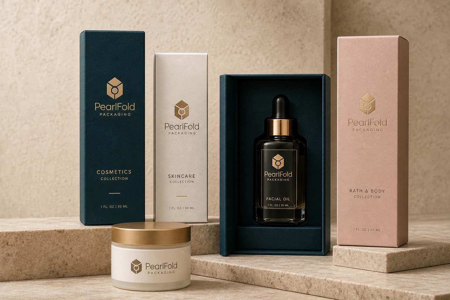 Premium PearlFold beauty packaging arranged on limestone plinths