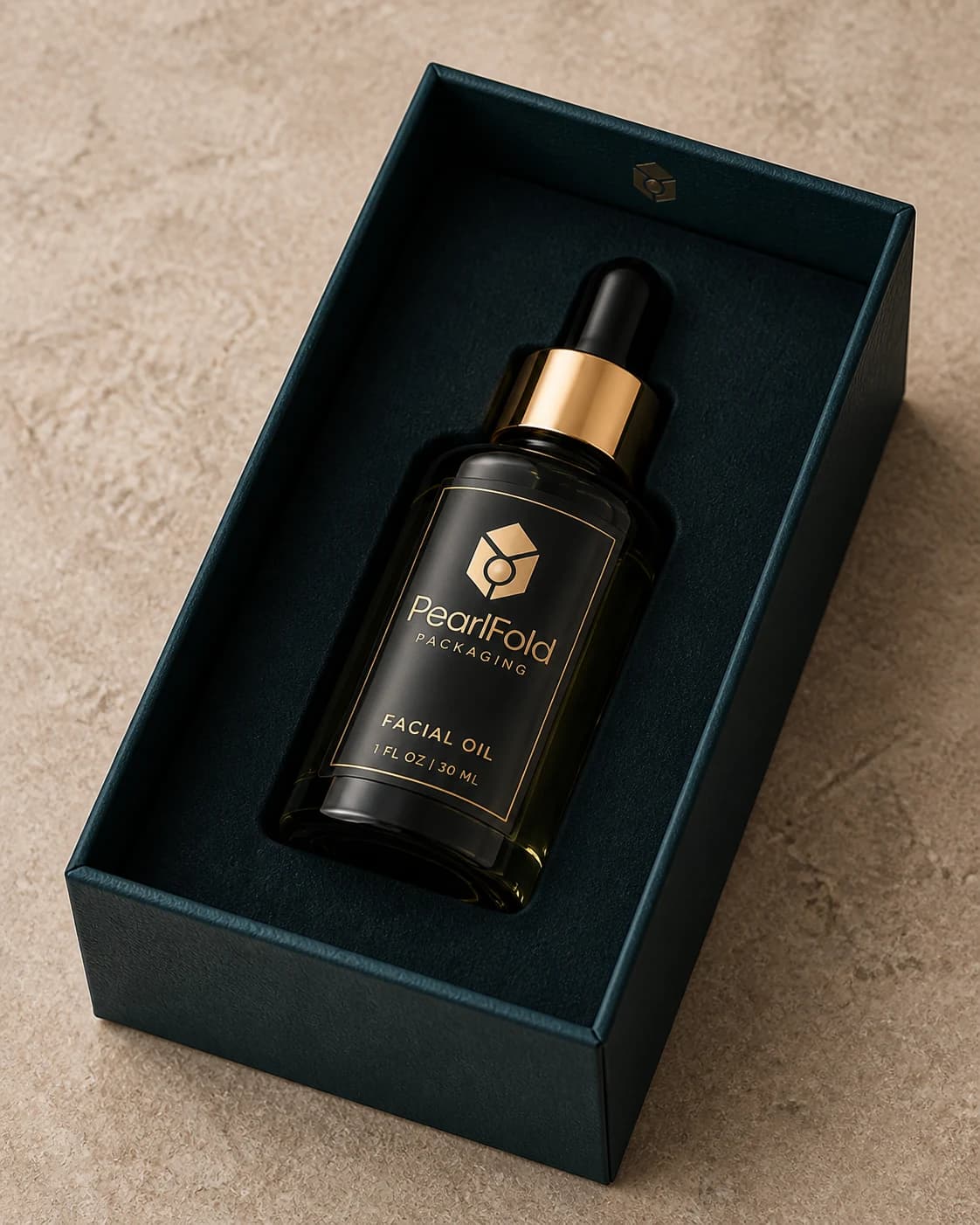 Facial oil bottle fitted inside a premium PearlFold rigid box