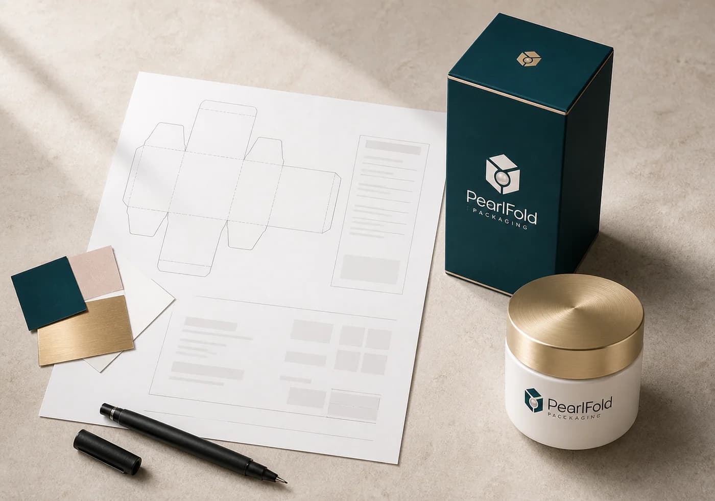 PearlFold carton, packaging specification, dieline, and material references