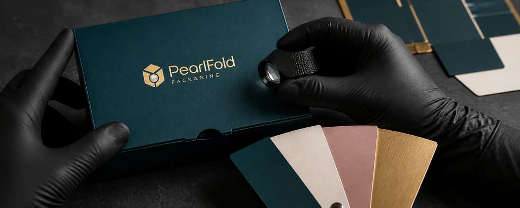 PearlFold carton print and gold finish being compared with approved color references