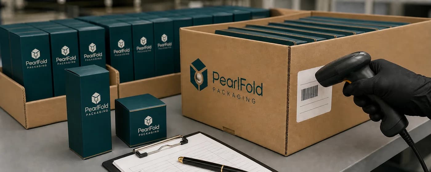 Finished PearlFold cartons, packing labels, and dispatch documents being checked