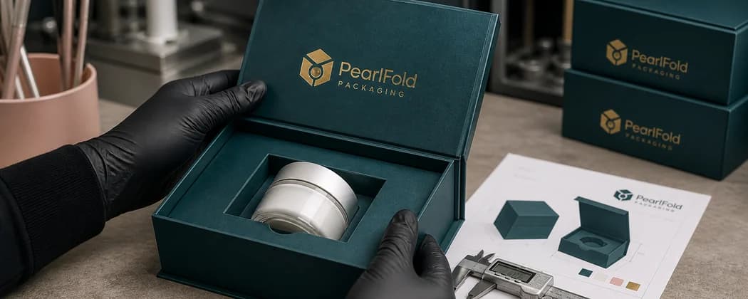 Open PearlFold rigid box and insert being checked for closure and product fit
