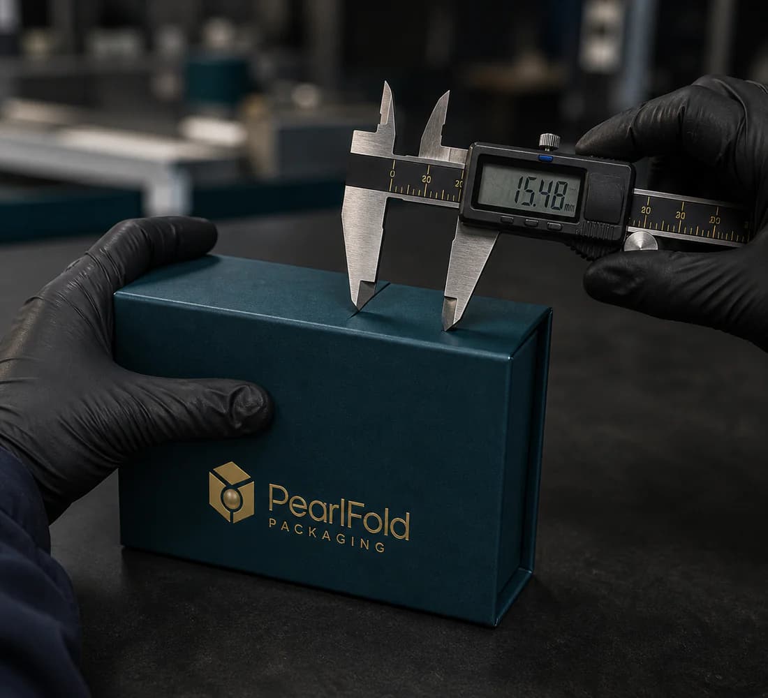 PearlFold rigid box being measured during a final quality review