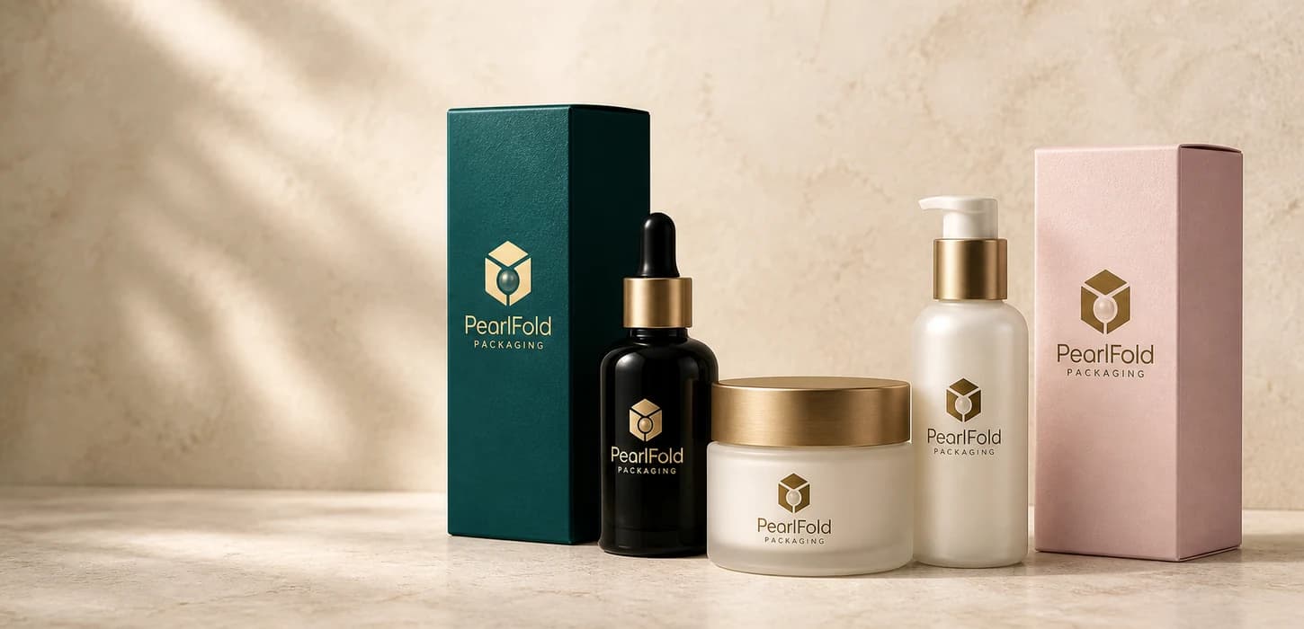 Coordinated PearlFold cosmetics, skincare, fragrance, and personal-care packaging