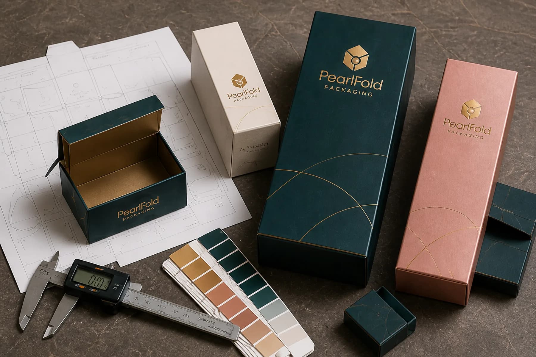 PearlFold cartons, structural sample, material swatches, and calipers arranged for a packaging quality review
