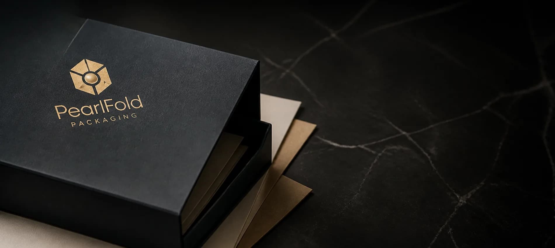 Black PearlFold presentation box with gold foil branding
