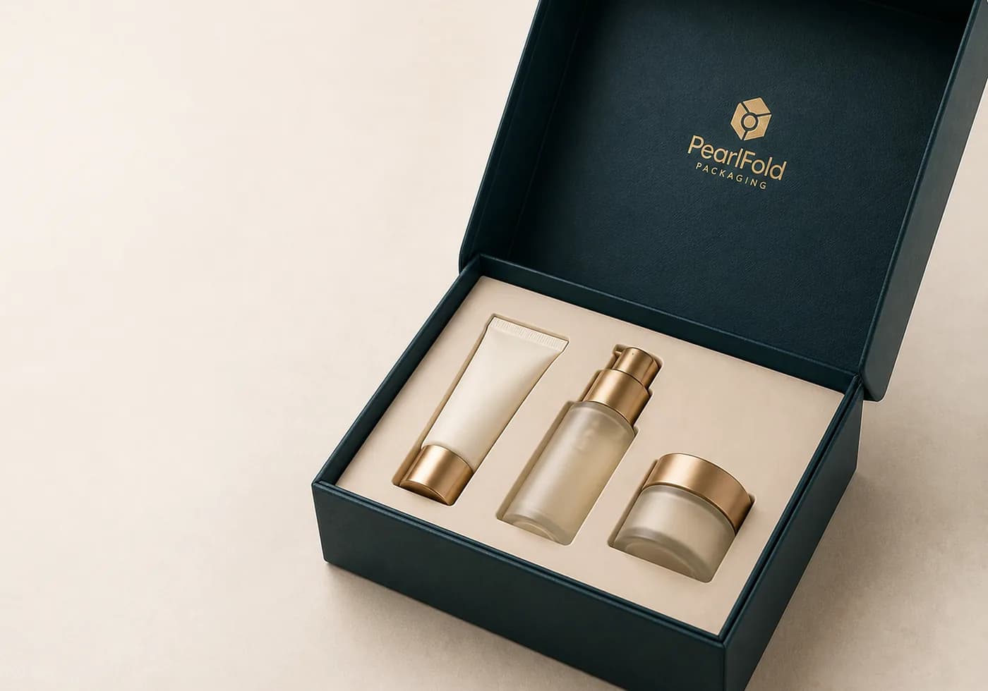 PearlFold presentation box with a fitted insert for coordinated skincare containers