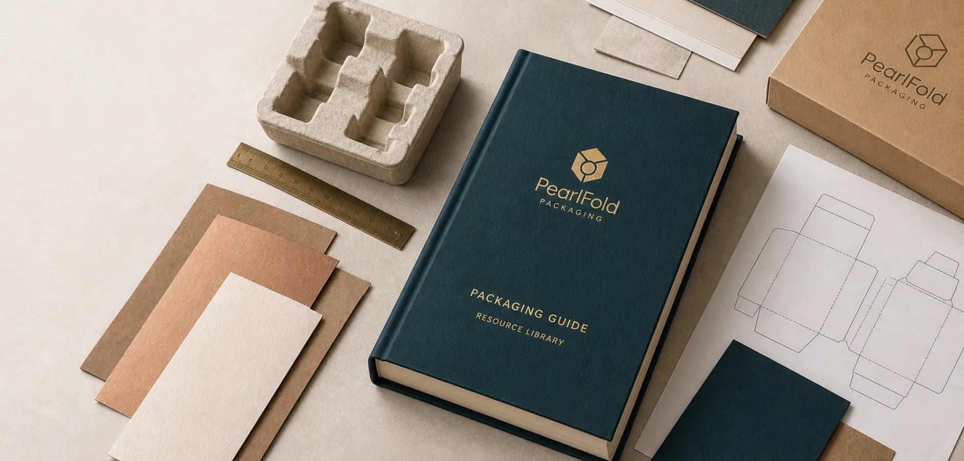 PearlFold packaging resource guide, dieline, material swatches and molded paper insert