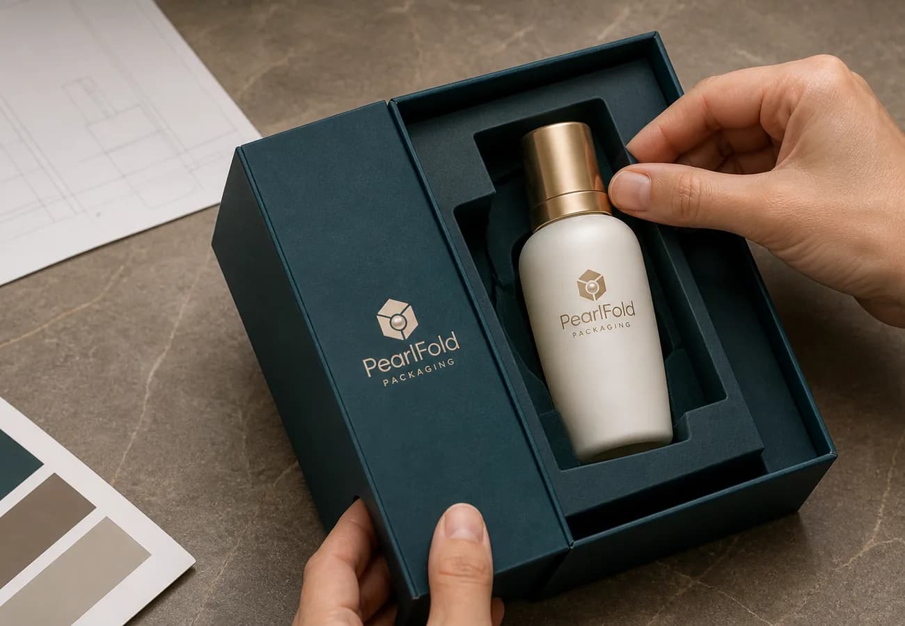 Hands checking product fit inside a PearlFold rigid box prototype