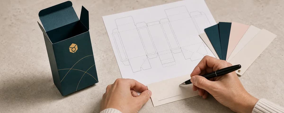 Hands recording packaging prototype revisions beside an open carton sample