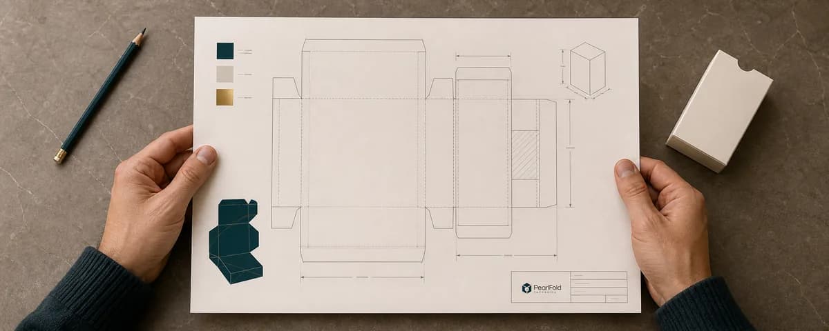 Hands reviewing a custom packaging sample brief and carton dieline