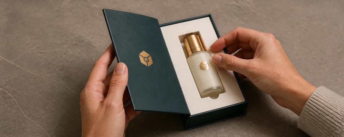Hands testing product fit in a deep teal skincare packaging prototype