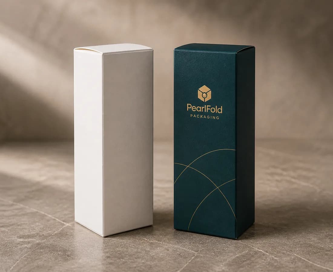 Unprinted structural packaging sample beside a finished deep teal carton