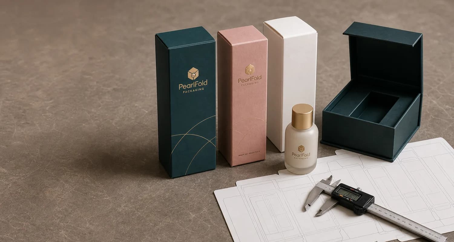 Coordinated PearlFold structural samples, printed cartons, dielines, and beauty products