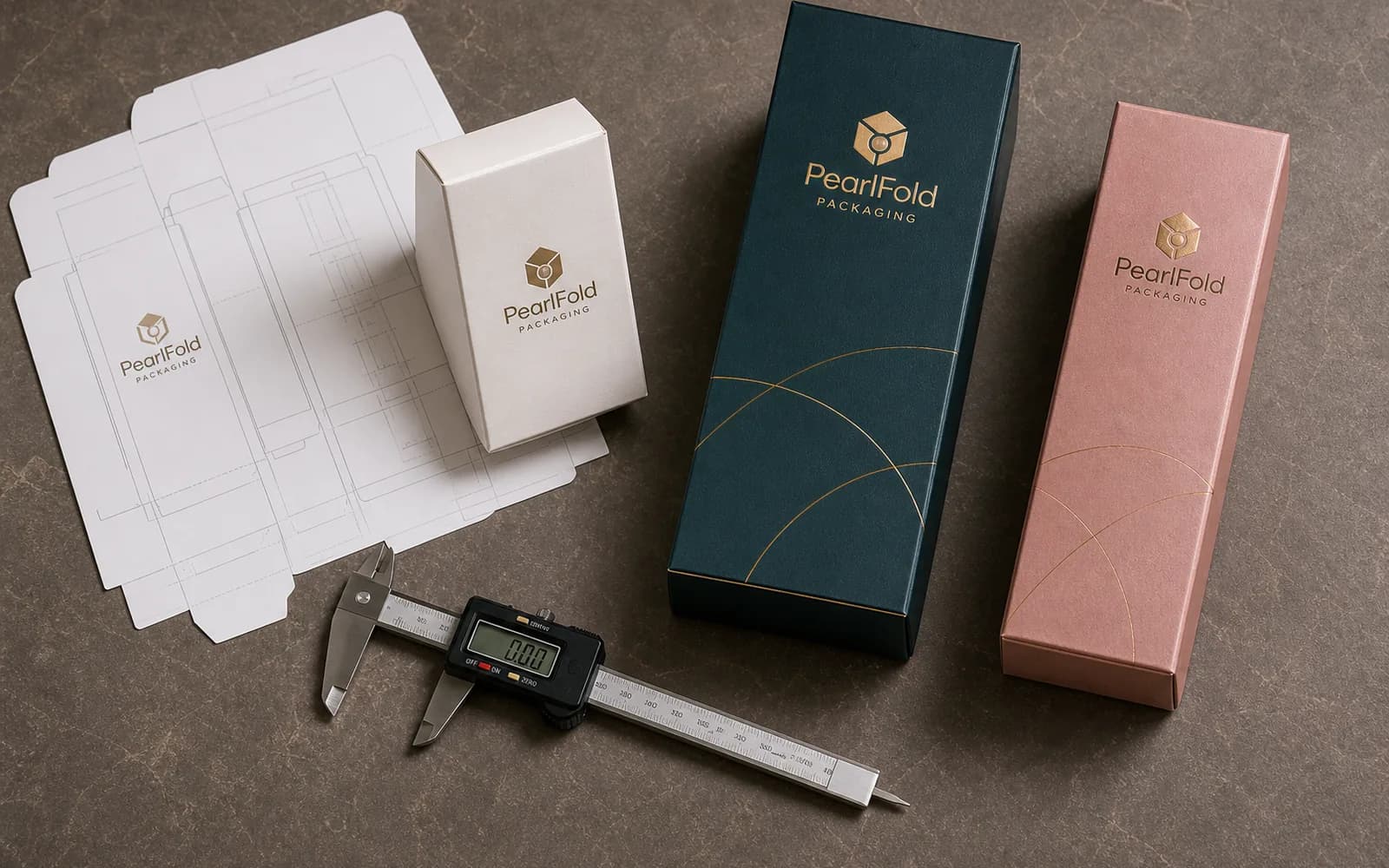 PearlFold packaging prototypes, dielines, and calipers arranged for sample review