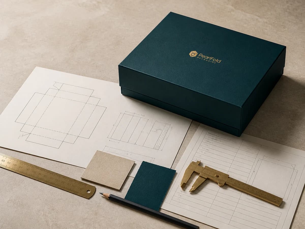 PearlFold box with dieline, material records, and measuring tools