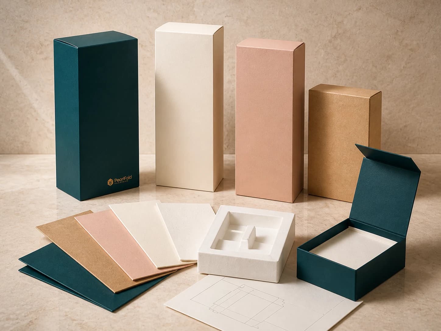 Paperboard packaging structures, insert samples, material swatches, and a dieline