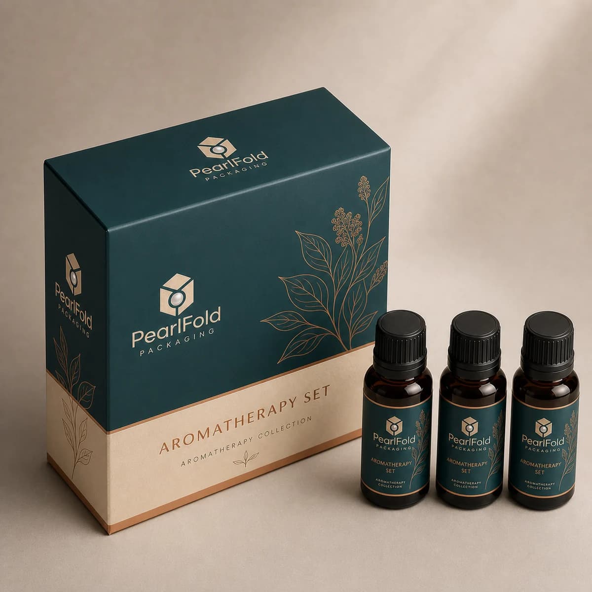 Custom aromatherapy set packaging shown from a three-quarter side angle