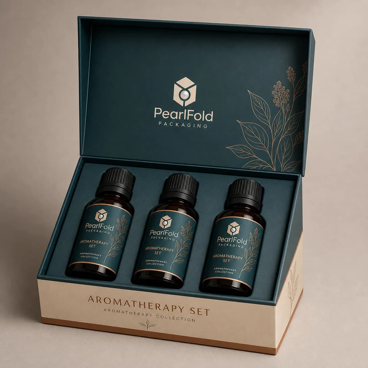 Open custom aromatherapy set box showing its fitted insert and product presentation