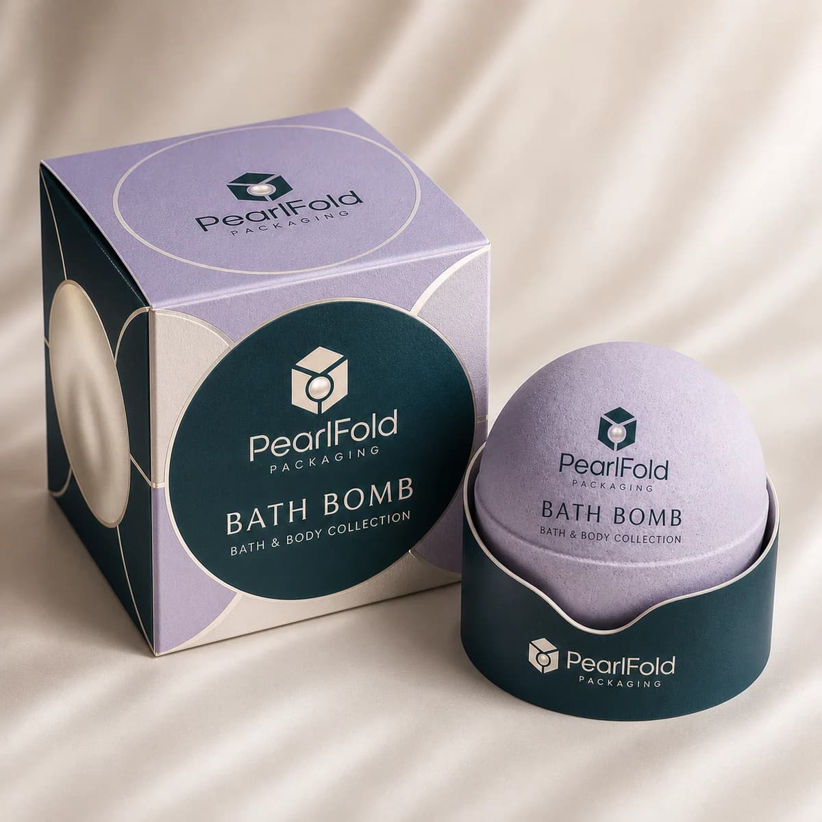 Custom bath bomb packaging shown from a three-quarter side angle