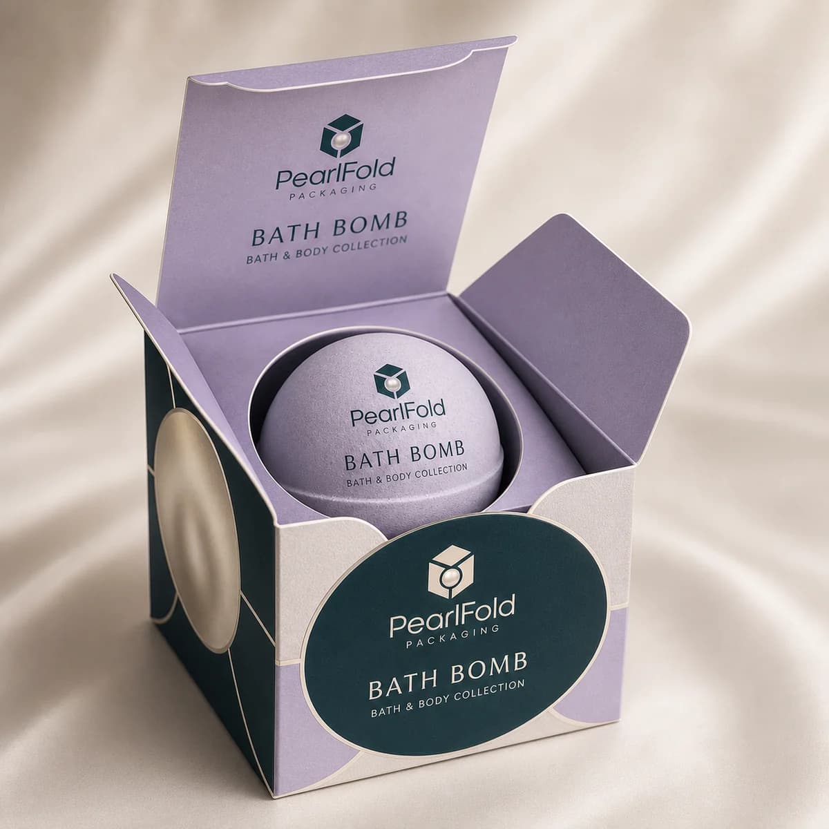 Open custom bath bomb box showing its fitted insert and product presentation