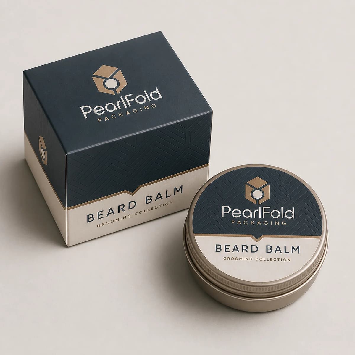 Custom beard balm packaging shown from a three-quarter side angle