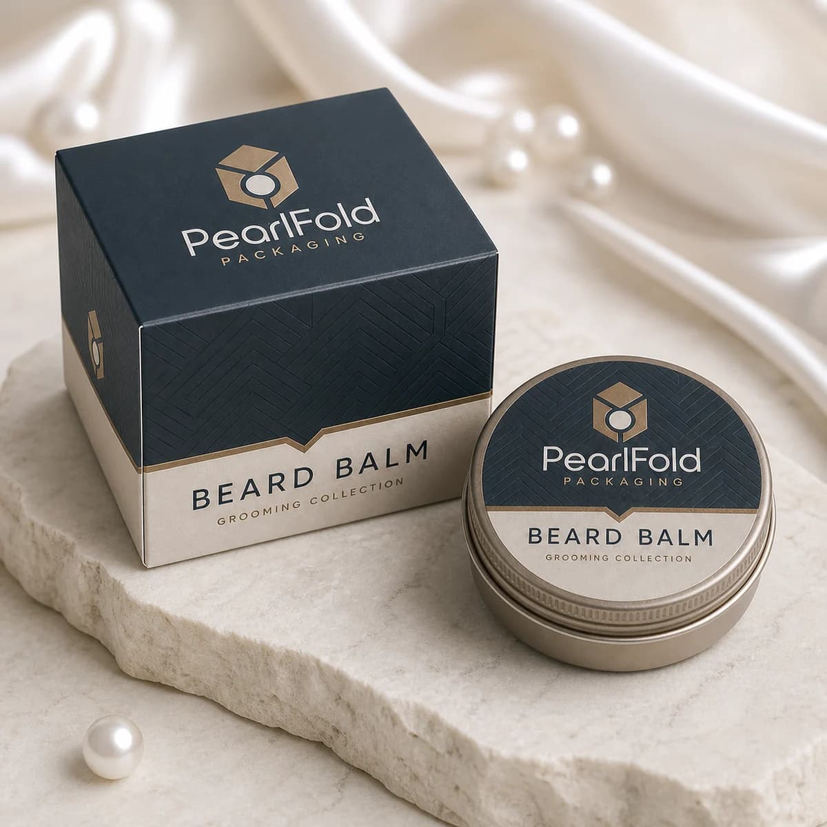Custom beard balm box in a premium square retail styling scene