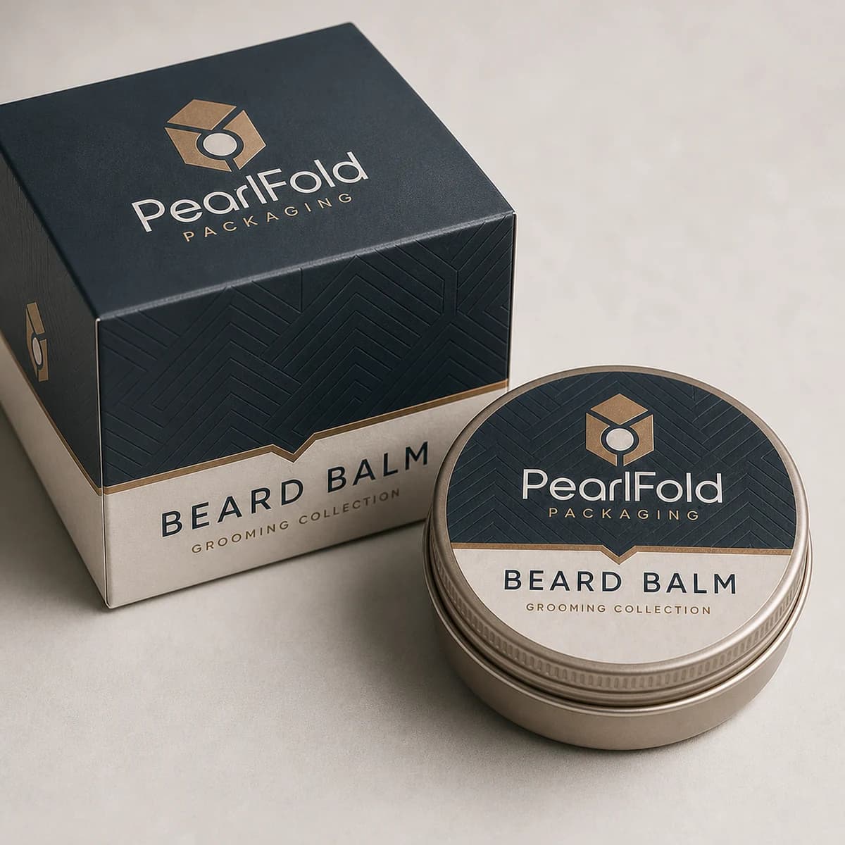 Close-up of custom beard balm box paper texture, print detail, and corner construction