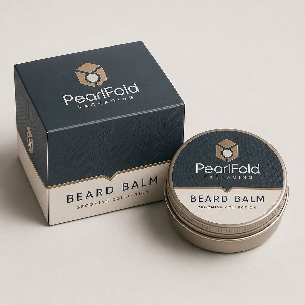 Custom beard balm box with matching product in a square studio photograph