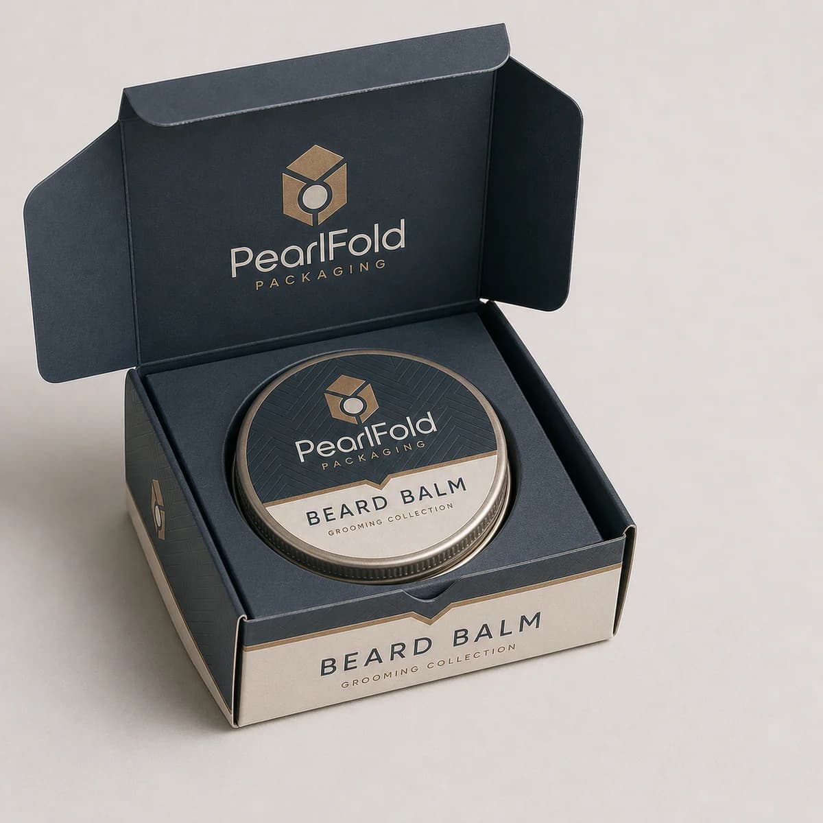 Open custom beard balm box showing its fitted insert and product presentation