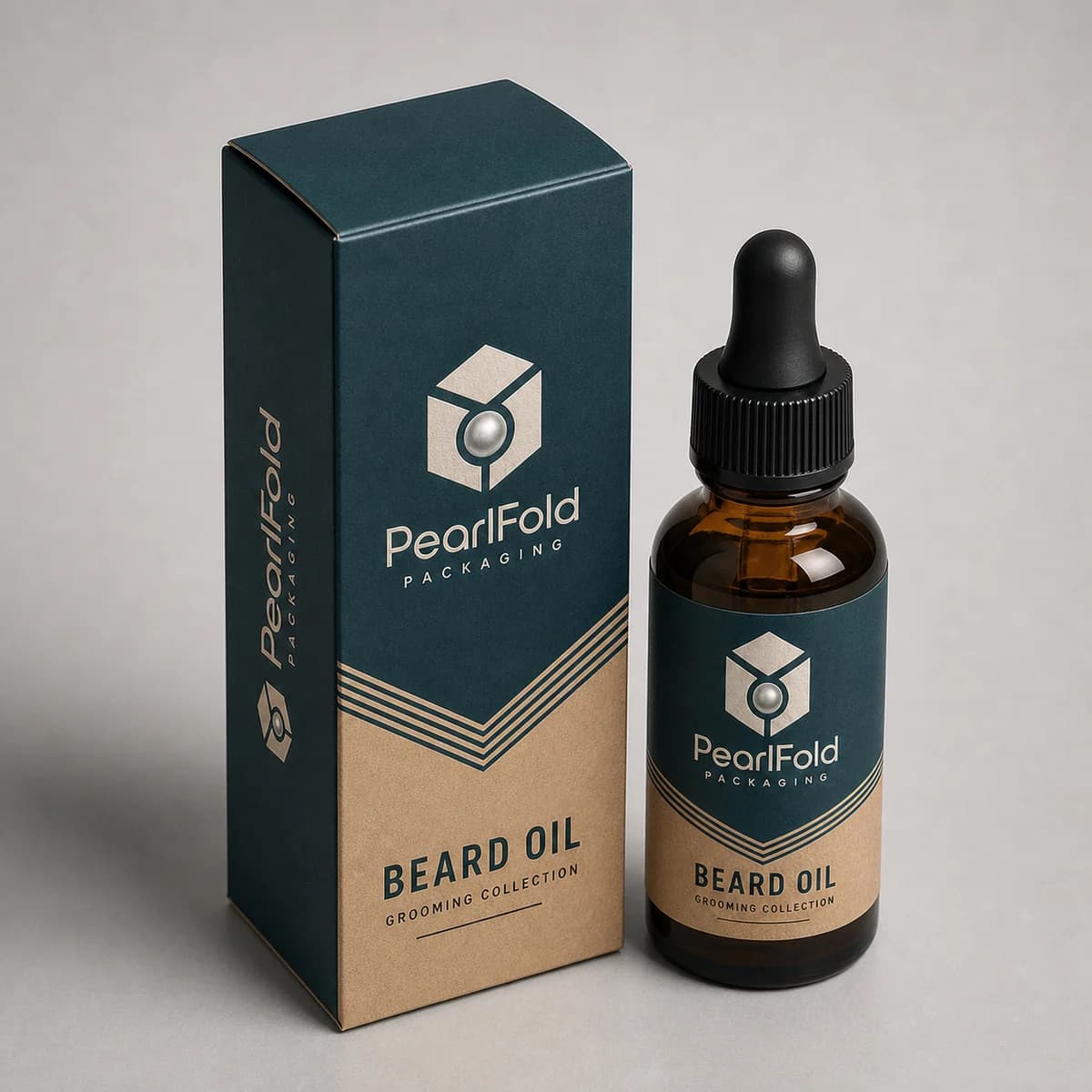 Custom beard oil packaging shown from a three-quarter side angle