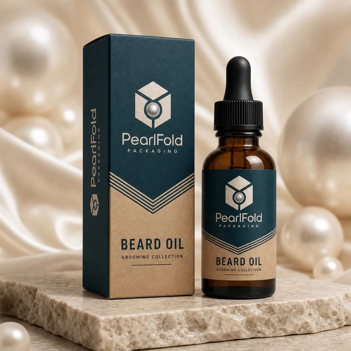 Custom beard oil box in a premium square retail styling scene