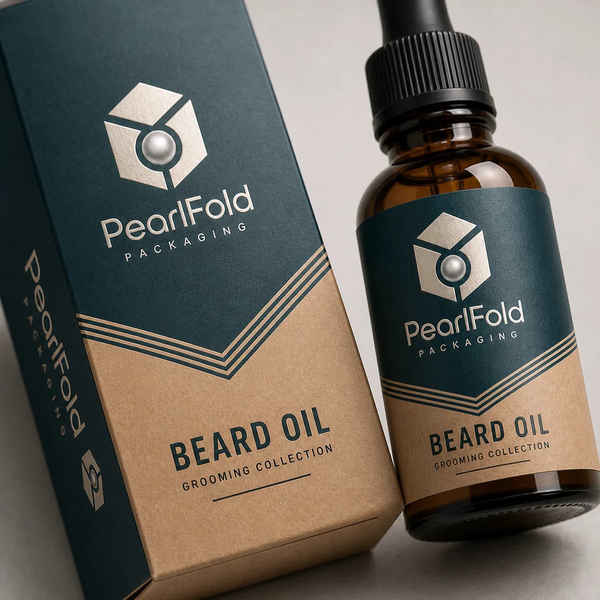Close-up of custom beard oil box paper texture, print detail, and corner construction