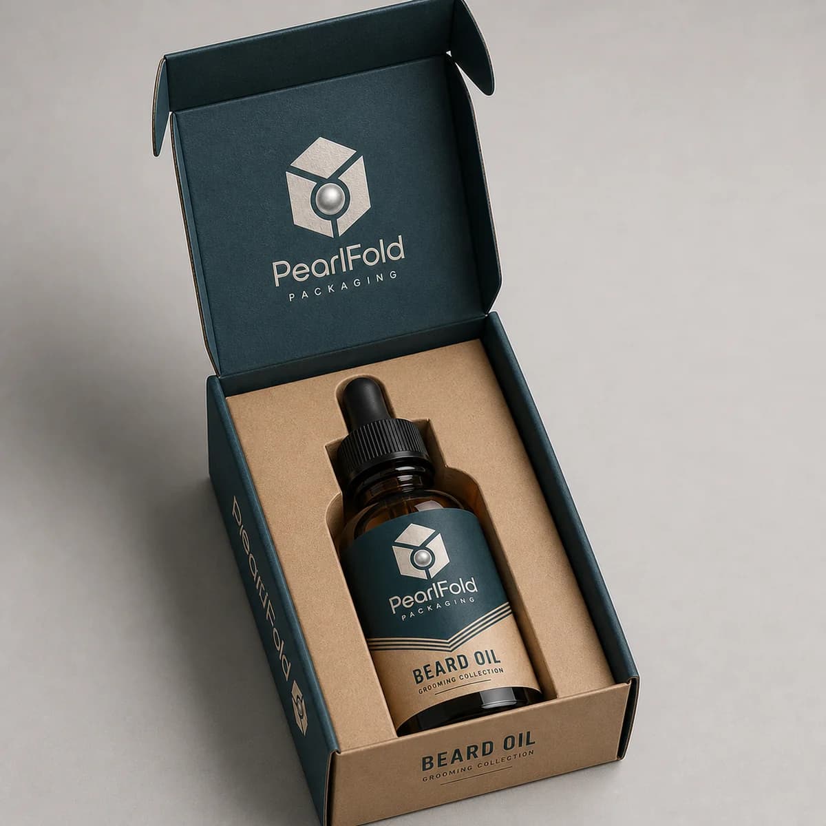 Open custom beard oil box showing its fitted insert and product presentation