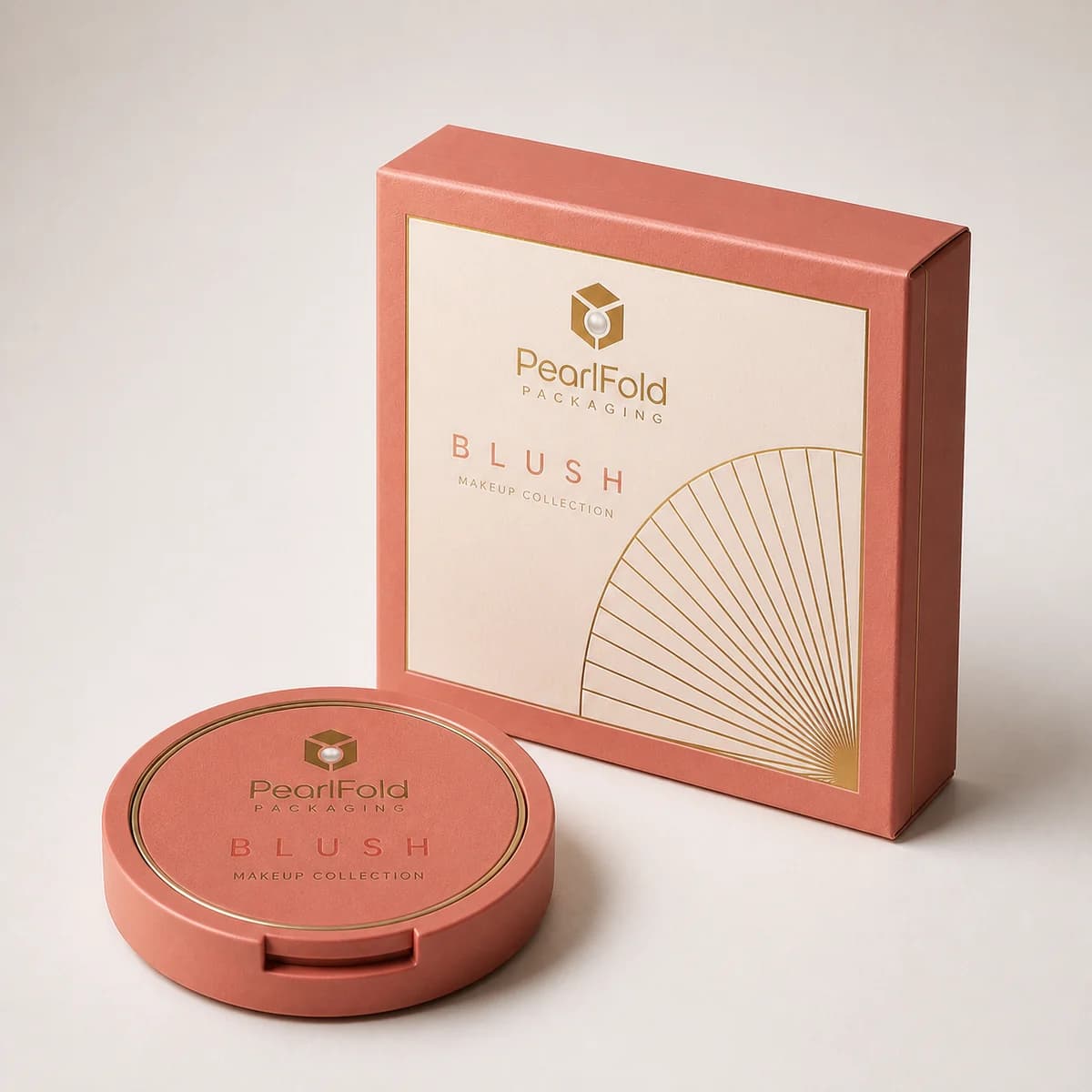 Custom blush packaging shown from a three-quarter side angle