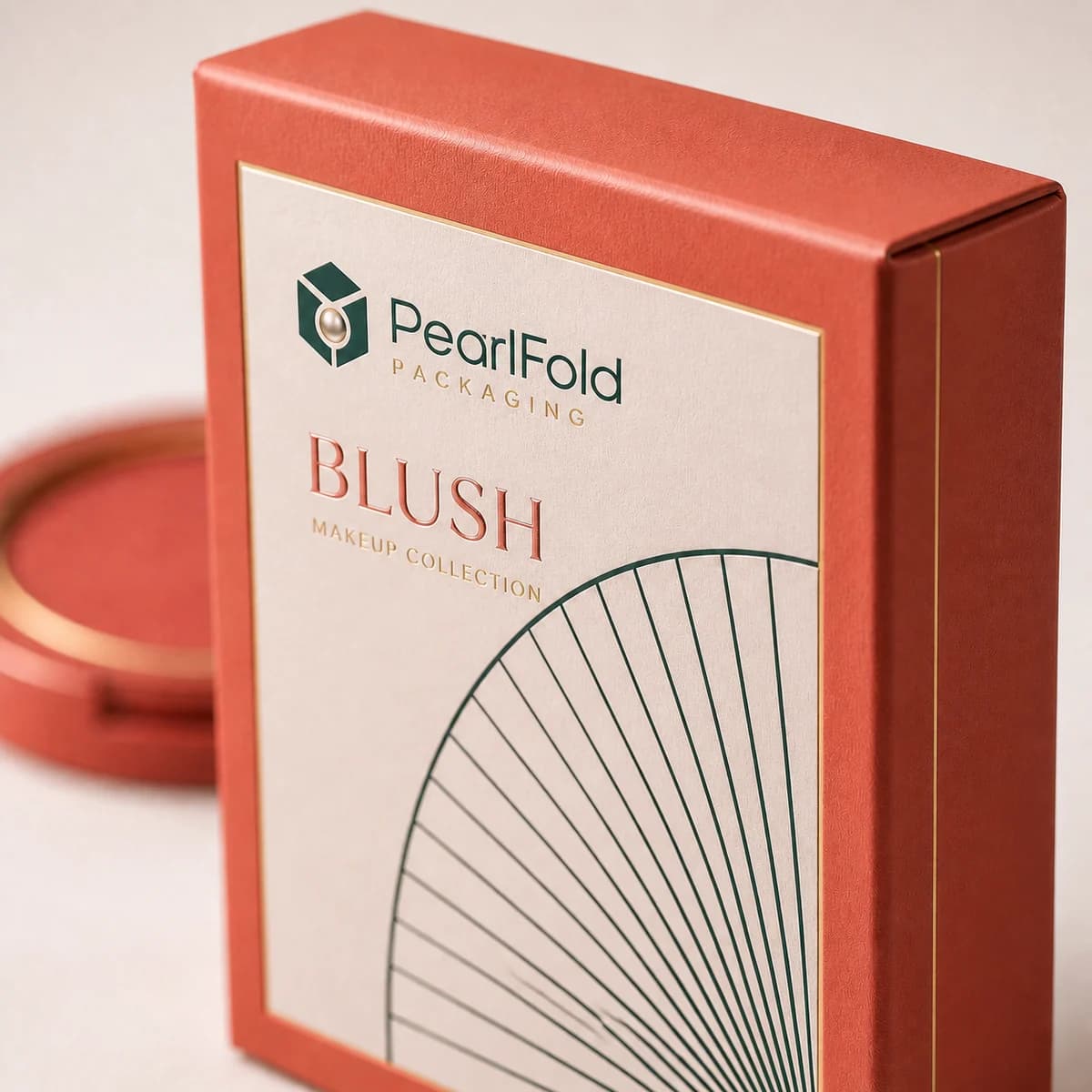 Close-up of custom blush box paper texture, print detail, and corner construction