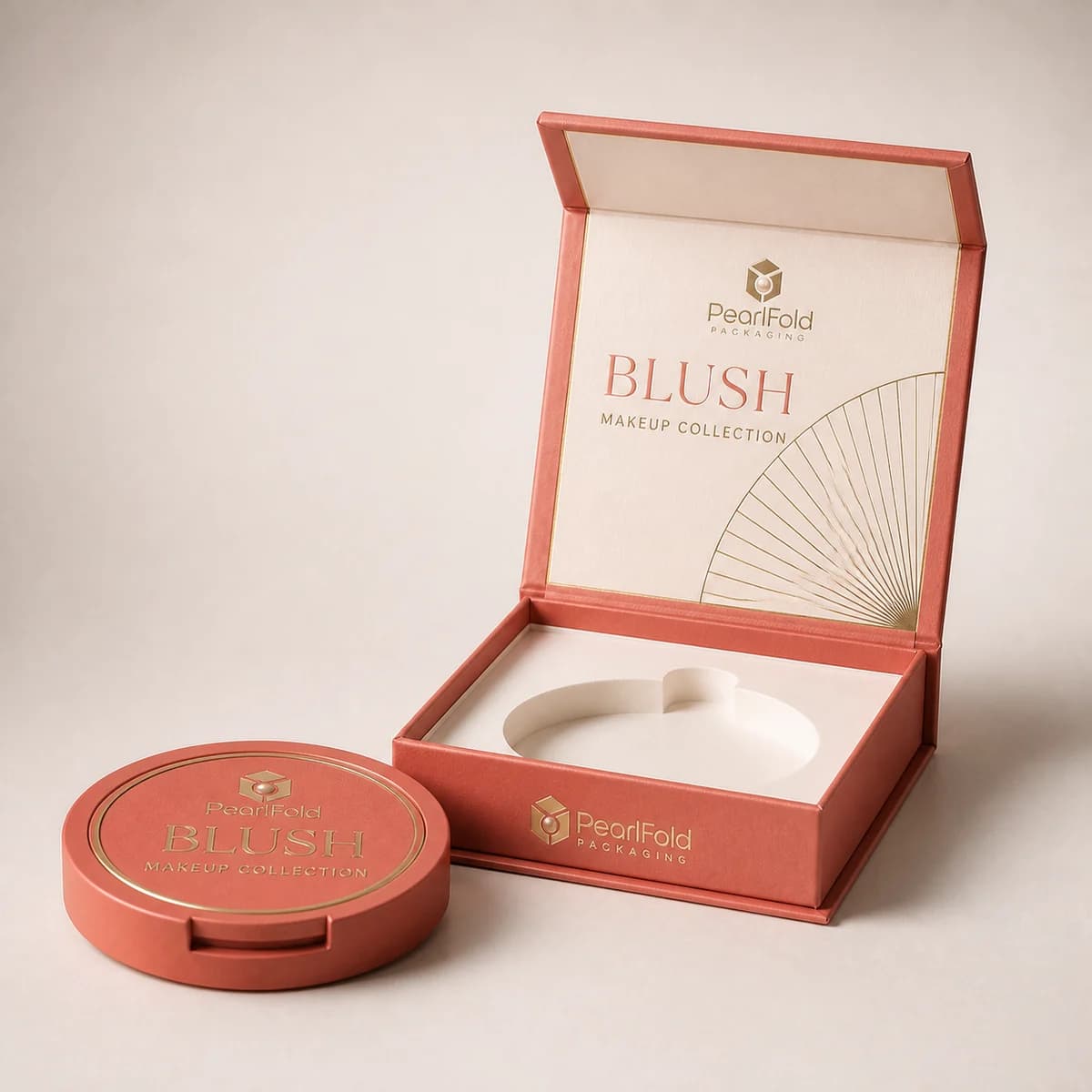 Open custom blush box showing its fitted insert and product presentation