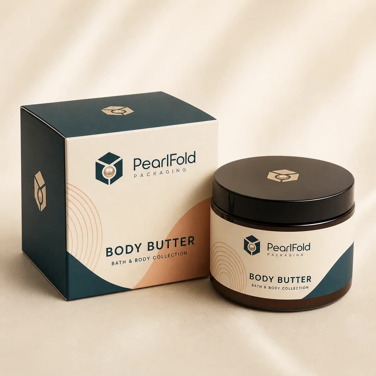 Custom body butter box with matching product in a square studio photograph