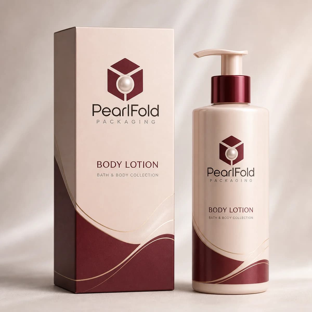 Custom body lotion box with matching product in a square studio photograph