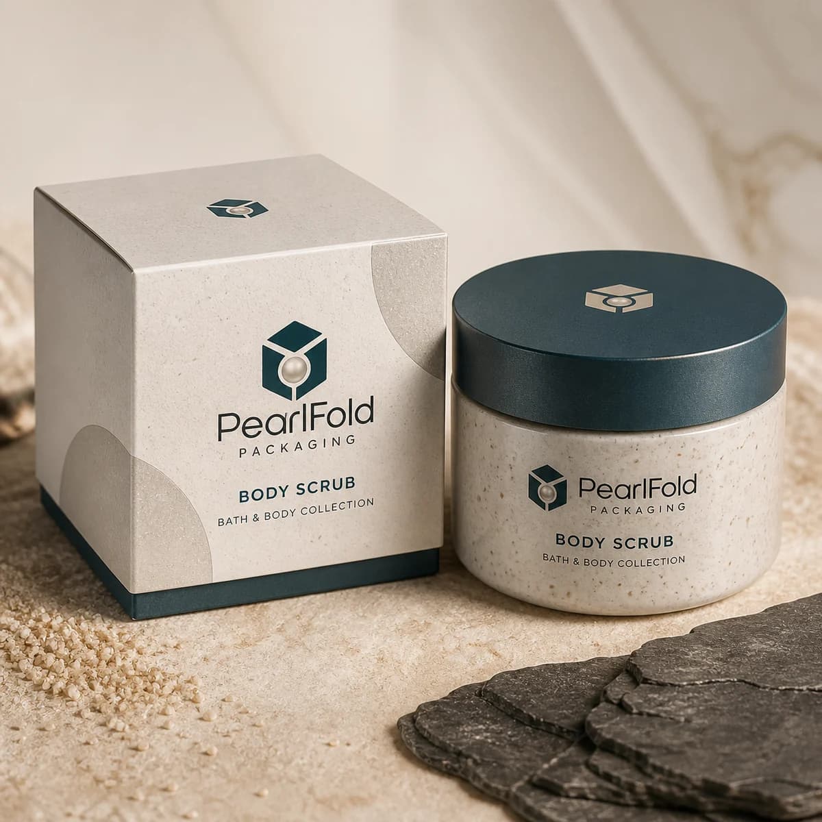 Custom body scrub box with matching product in a square studio photograph