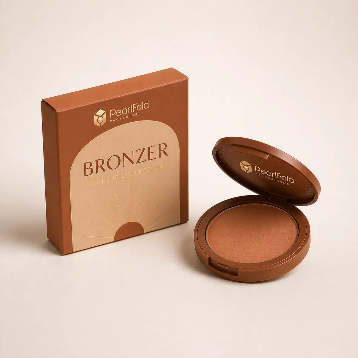 Custom bronzer packaging shown from a three-quarter side angle