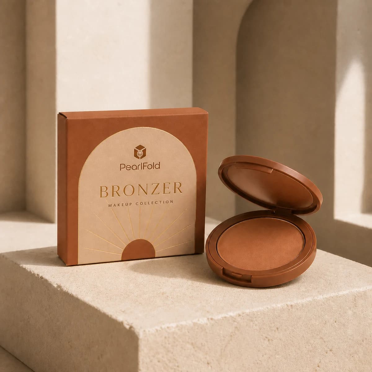 Custom bronzer box in a premium square retail styling scene