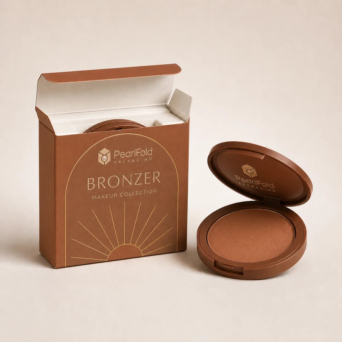 Open custom bronzer box showing its fitted insert and product presentation