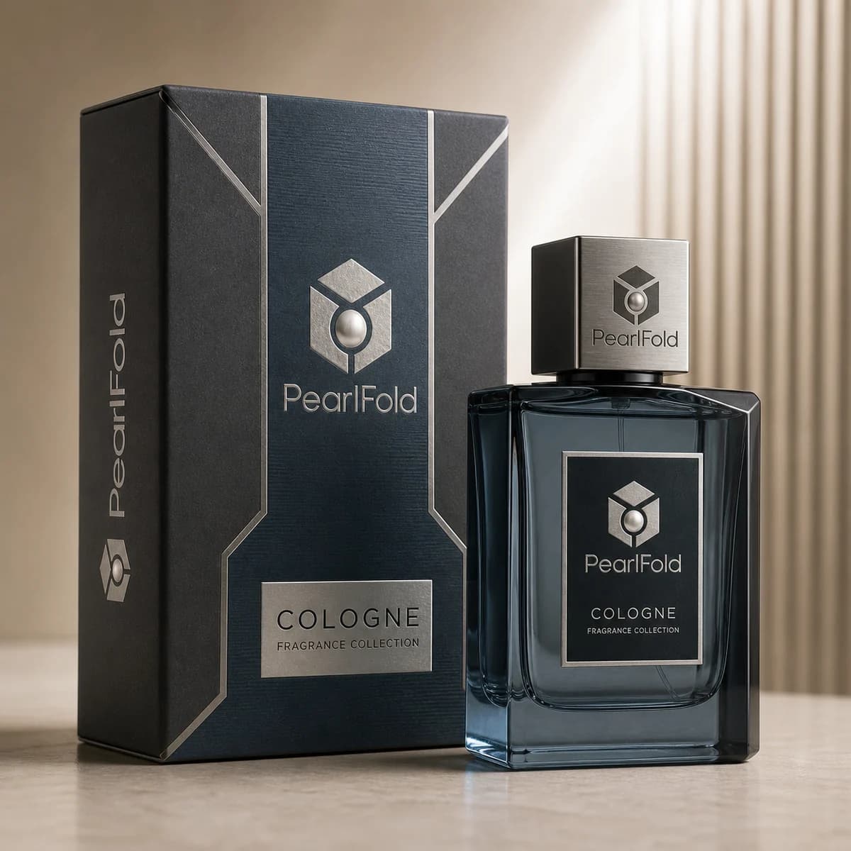 Custom cologne box with matching product in a square studio photograph