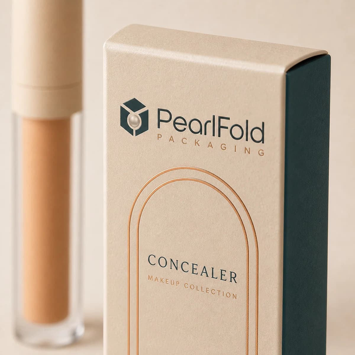 Close-up of custom concealer box paper texture, print detail, and corner construction