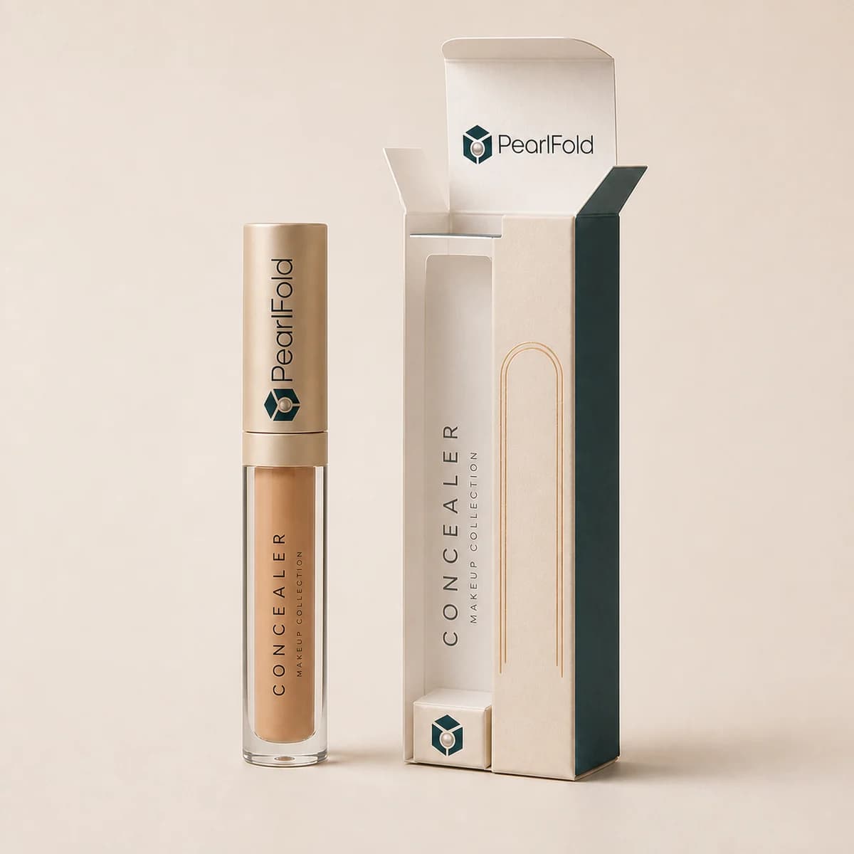 Open custom concealer box showing its fitted insert and product presentation