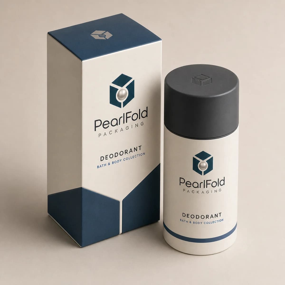 Custom deodorant packaging shown from a three-quarter side angle