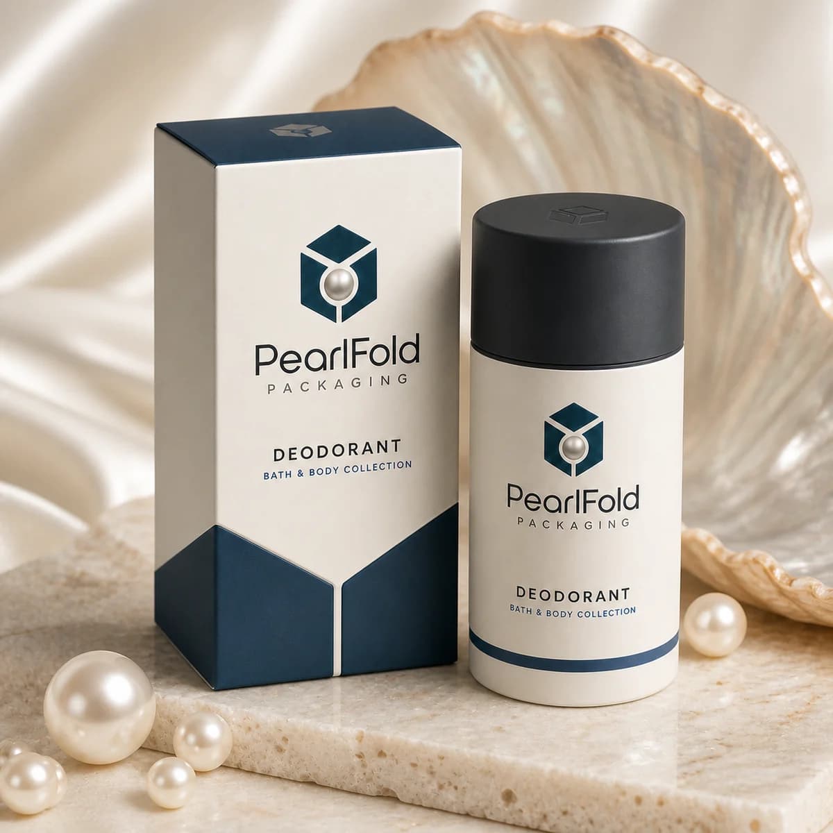 Custom deodorant box in a premium square retail styling scene