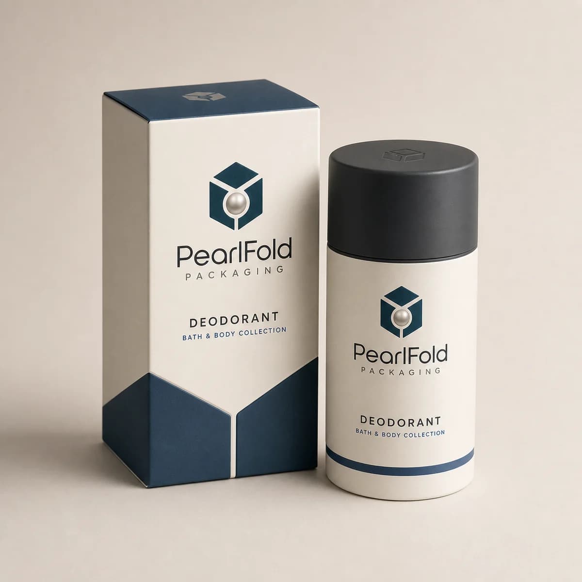 Custom deodorant box with matching product in a square studio photograph